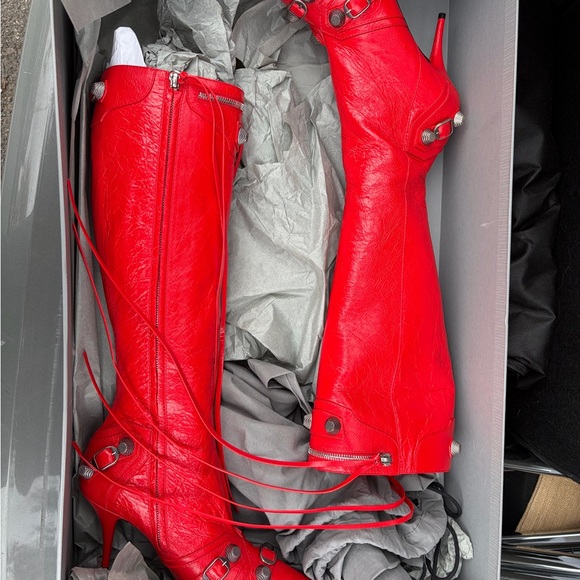 Balenciaga Shoes - Red Leather Knee-High Stiletto Boots - Women